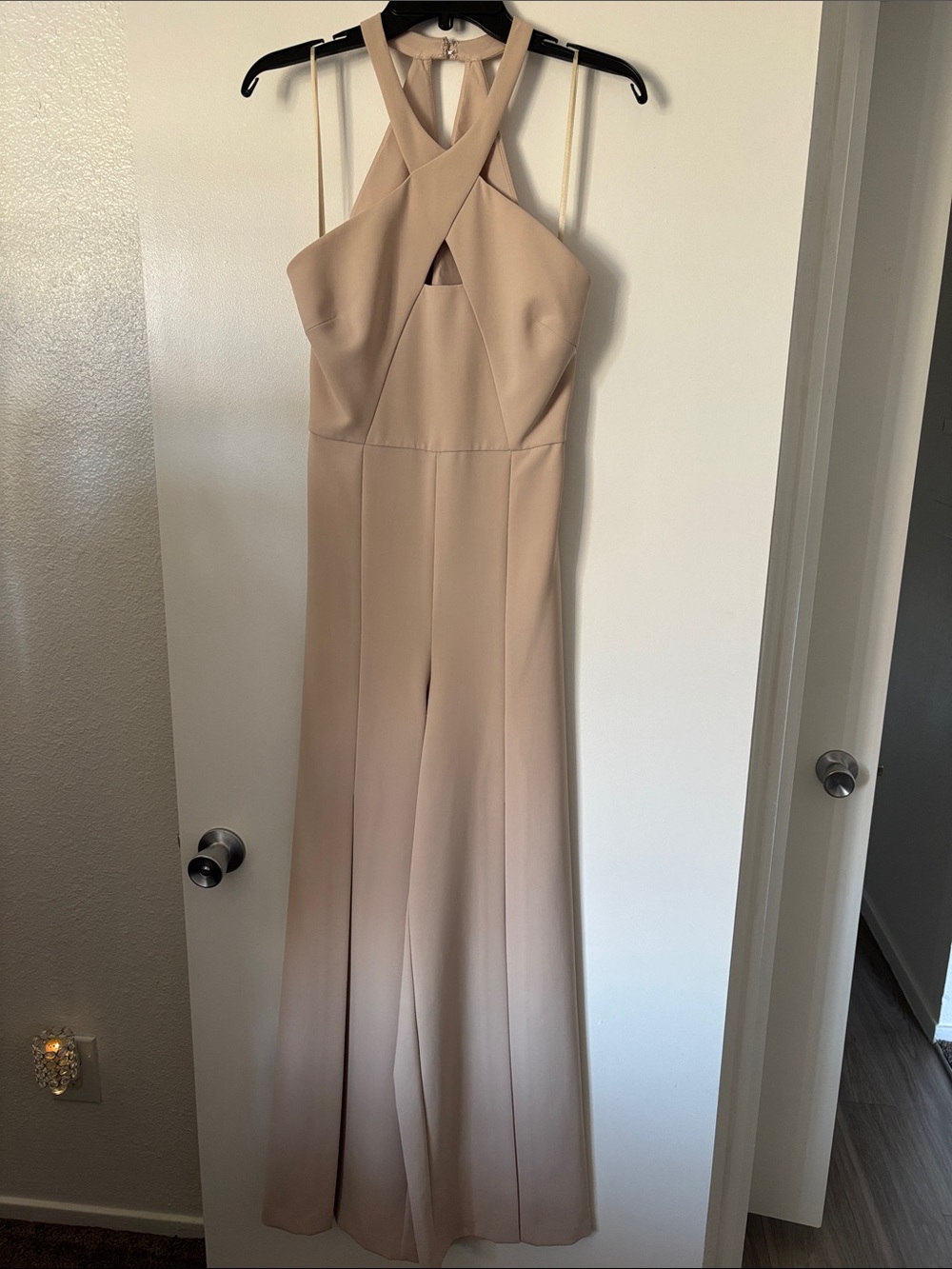 BCBGMaxAzria Beige Halter-Crossover Wide-Leg Jumpsuit